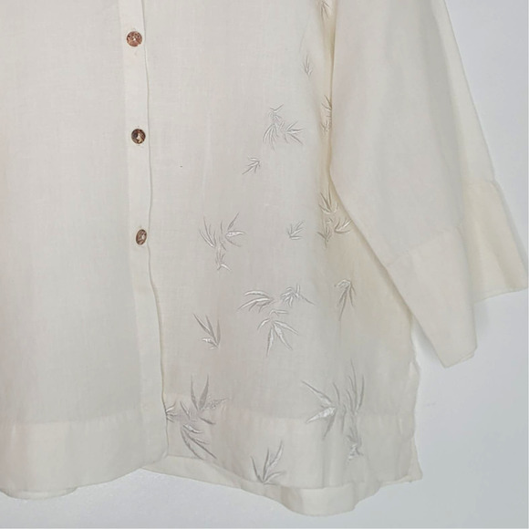 Kleen Linen Tunic Top S Cream Button Up Lagenlook Collarless Embroidery Minimal - Picture 2 of 8